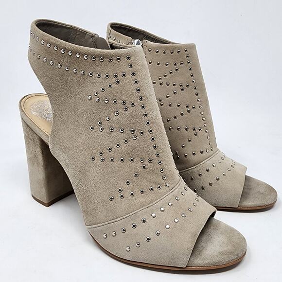 Vince Camuto Peep-Toe Booties Women 9M Winelta Beige Studded Block Heel Shooties - Picture 1 of 11